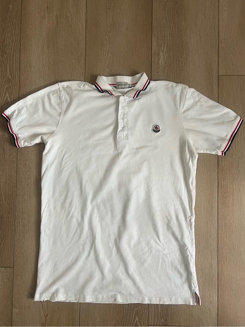 Moncler Men's White Polo Shirt with Red & Navy Trim size 2XL